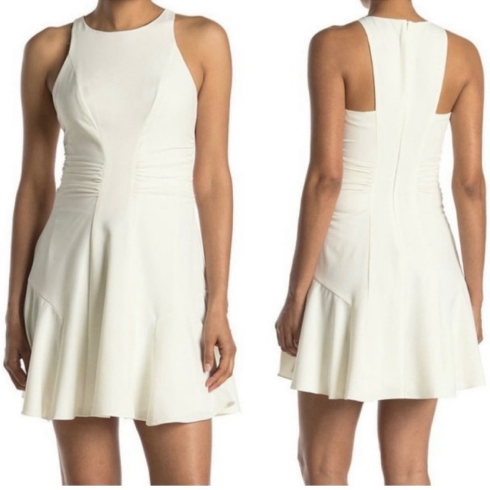 NWT Halston Heritage Sleeveless Ruched Crepe Chalk White Mini Dress reg $295